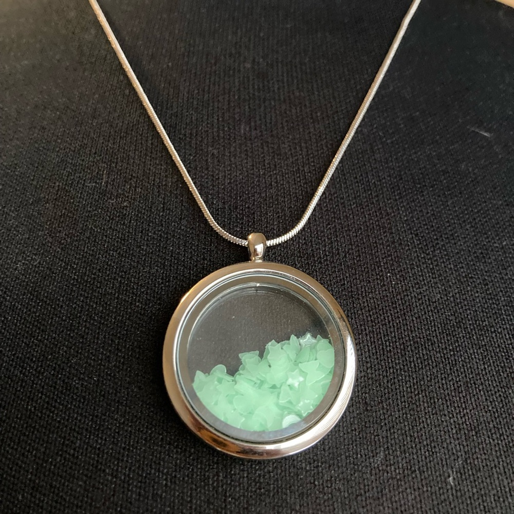 NWOT: Clear locket 17” necklace with glow in the dark shapes ❤️⭐️🌙🦋